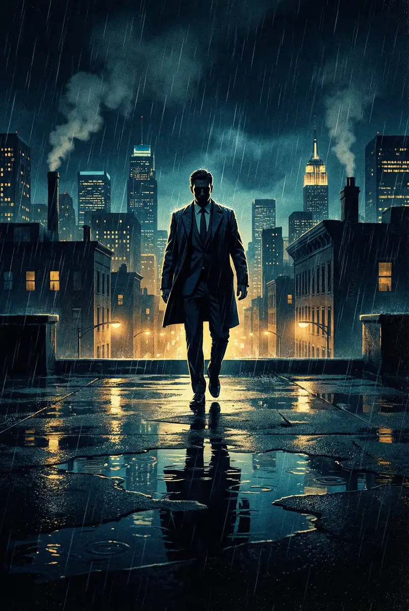 ts小说 出品影片《雨夜独行者》海报，雨中城市屋顶男性剪影
